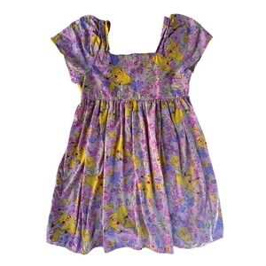 Pokemon Pikachu Girls Dress Floral Print Pink Purple Yellow Size L 10/12 Cotton